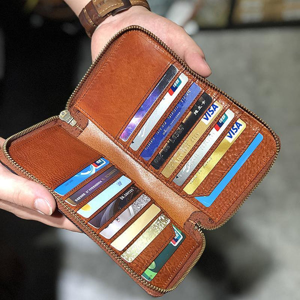 Handmade Black Leather Mens Bifold Long Wallet Brown Zipper Long Wallets Card Holders Clutch Men - iwalletsmen