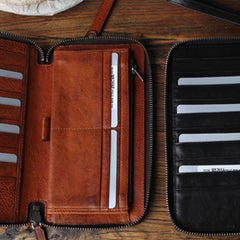 Genuine Leather Mens Cool Long Leather Wallet Biker Wallet Zipper Clutch Wristlet Wallet for Men