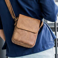 Camel Leather Mens Vertical Mini Side Bag Small Messenger Bags Courier Bag for Men - iwalletsmen