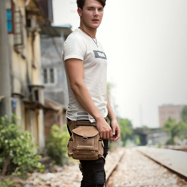 Cool Brown Leather Mens Fanny Pack Khaki Waist Bags Belt Tool Bag Hip Pack Belt Bag Bumbag for Men - iwalletsmen