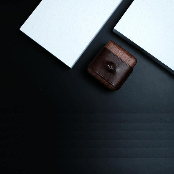 Handmade Coffee Leather Wood AirPods 1,2 Case with Eye Custom Leather AirPods 1,2 Case Airpod Case Cover - iwalletsmen