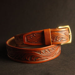 Handmade Vintage Yellow Brown Floral Tooled Leather Mens Belt Carved Leather Belt for Men - iwalletsmen