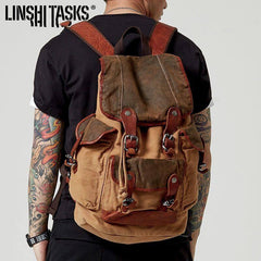 Khaki Canvas Leather Mens Large Backpack School Backpack Canvas Travel Backpack For Men - iwalletsmen