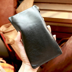 Vintage Black Leather Mens Phone Wallet Clutch Bag Wristlet Bag Zipper Long Wallet For Men - iwalletsmen