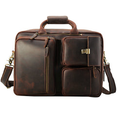 Large Brown Leather Mens Briefcase 15inch Laptop Backpack Work Bag Travel Bag For Men - iwalletsmen