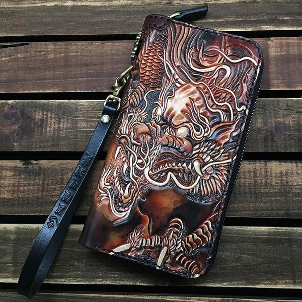 Black Handmade Chinese Dragon Tooled Leather Long Biker Wallet Chain Wallet Clutch Wallet For Men - iwalletsmen