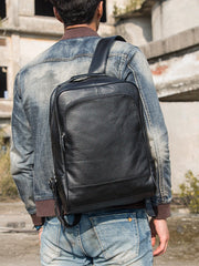 Black Fashion Mens Leather 15-inch Business Computer Backpacks Laptop Backpacks Black College Backpack for men - iwalletsmen