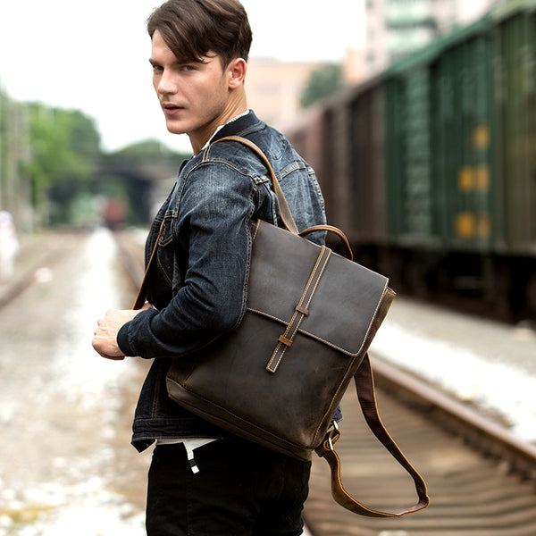 Casual Coffee Leather Mens 14 inches Laptop Travel Backpacks School Computer Backpack for Men - iwalletsmen