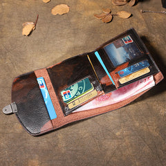 Handmade Leather Mens Graffiti Trifold billfold Wallet Vertical Small Card Wallet For Men - iwalletsmen
