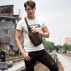 Vintage Brown Leather Mens Crossbody Pack Sling Bag Sling Pack Casual Chest Bags One Shoulder Backpack for Men - iwalletsmen