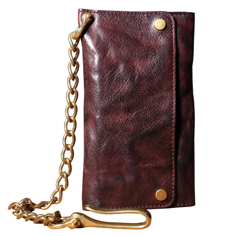 Handmade Leather Biker Wallet Trifold Folding Mens Cool Chain Wallet Trucker Wallet with Chain