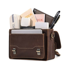 Coffee Small Leather Satchel Side Bag 8 inches Messenger Bag Crossbody Purse for Men