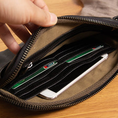 Black Leather Mens Clutch Wallet Wristlet Wallet Zipper Wallet Clutch for Men