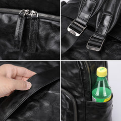 Black Leather Mens Backpack 15'' Laptop Rucksack Wrinkle School Backpack For Men