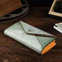Handmade Leather Mens Gray Envelope Long Wallet Blue Long Wallet Clutch Bag For Men - iwalletsmen