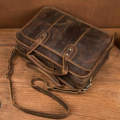 Cool Dark Brown Mens Leather 15 inches Large Briefcase Work Bag Side Bag Travel Handbag for Men - iwalletsmen