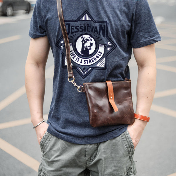 Black Leather Mens Casual Small Courier Bags Messenger Bags Belt Bag Postman Bag For Men - iwalletsmen
