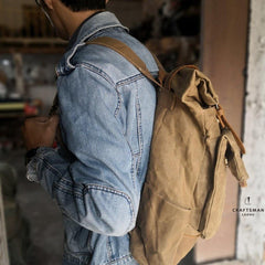 Khaki Oiled Wax Canvas Mens Rollup Backpack Travel Backpack Hiking Backpack Outdoor Backpack For Men - iwalletsmen