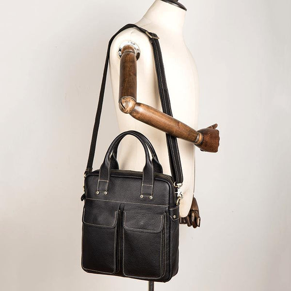 Fashion Black Leather 12 inches Vertical Briefcase Work Shoulder Bag Black Messenger Bag Computer Work Bag for Men - iwalletsmen