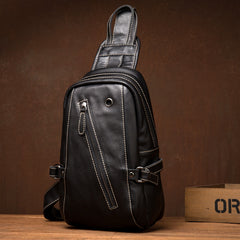 Black Leather Mens Cool Sling Bags Crossbody Pack Black Sling Pack Chest Bags for men - iwalletsmen