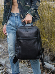 Black Fashion Mens Leather 15-inch Large Business Computer Backpacks Travel Backpacks Black College Backpack for men - iwalletsmen