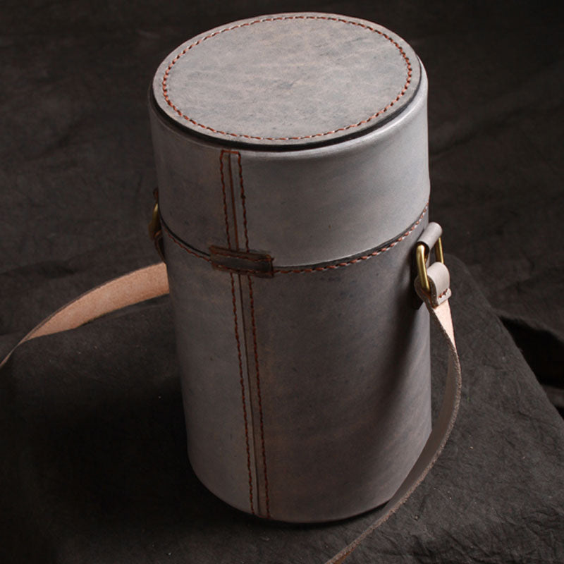 Handmade Gray Leather Mens Barrel Bag Shoulder Bag Messenger Bag for Men - iwalletsmen