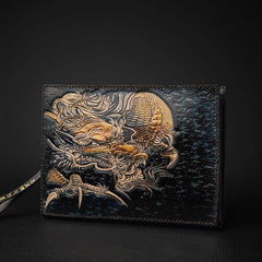 Black Handmade Tooled Leather Chinese Dragon Clutch Wallet Wristlet Bag Clutch Purse For Men - iwalletsmen