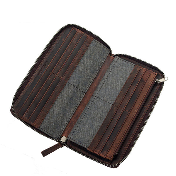 Casual Black Canvas Leather Men's Long Wallet Bifold Around Zip Wallets Clutch Purse For Men - iwalletsmen