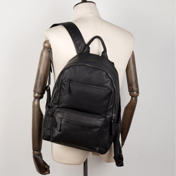 Fashion Black Mens Leather 13-inch Computer Backpack Black Travel Backpack School Backpack for men - iwalletsmen