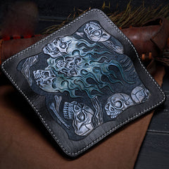 Handmade Leather Skull Tooled Mens Chain Biker Wallet Cool Leather Wallet With Chain Wallets for Men