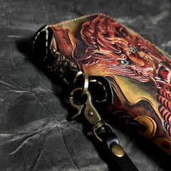 Badass Black Leather Men's Long Biker Handmade Wallet God Beast Tooled Zipper Long Chain Wallets For Men - iwalletsmen