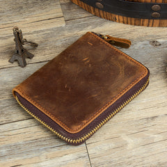 Brown Cool Leather Mens billfold Wallet Zipper Trifold Card Small Wallet for Men - iwalletsmen