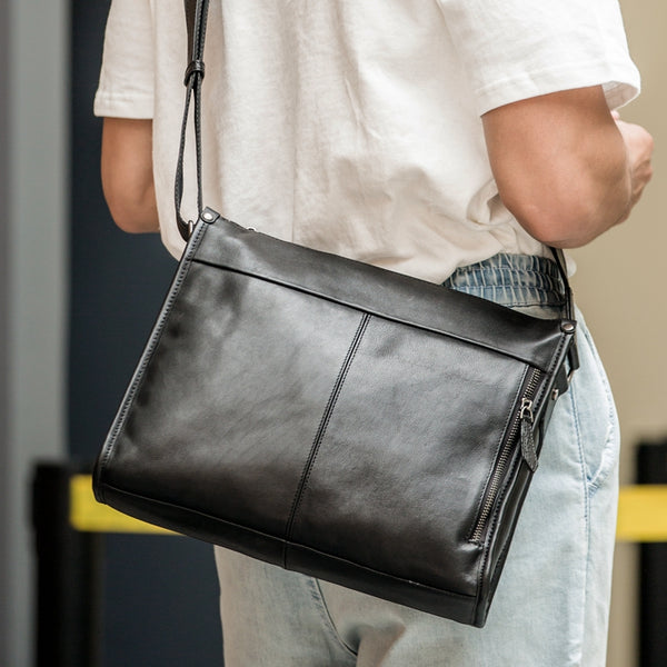 Fashion Black Leather Mens 12 inches Side Bag Messenger Bags Black Postman Bag Courier Bag for Men - iwalletsmen