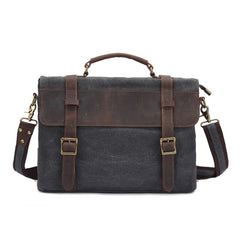 Canvas Leather Mens Vintage Khaki 14'' Briefcase Side Bag Lake Green Messenger Bag Brown Courier Bag for Men - iwalletsmen