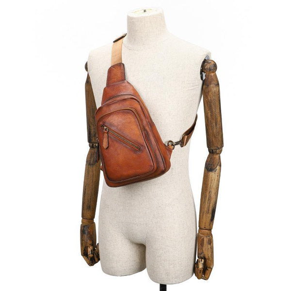 Vintage Brown Leather Men's Sling Bags Chest Bag Brown Sling Pack Sling Backpack For Men - iwalletsmen