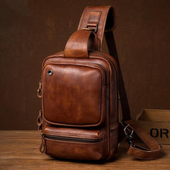 Casual Brown Leather Mens Sling Pack Sling Bag Chest Bag One Shoulder Backpack for Men - iwalletsmen