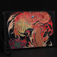 Black Handmade Tooled Leather Lion Chinese Dragon Clutch Wallet Wristlet Bag Clutch Purse For Men - iwalletsmen