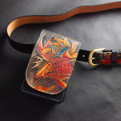 Handmade Tooled Leather Carp Mens Belt Pouch Waist Bag Belt Phone Bag Mobile Bag For Men - iwalletsmen