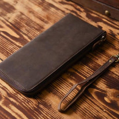 Handmade Leather Mens Cool Long Leather Wallet Zipper Clutch Wallet for Men
