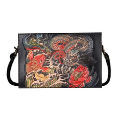 Handmade Black Tooled Dragon Carp Leather Clutch Wristlet Bag Messenger Bag Side Bag For Men - iwalletsmen