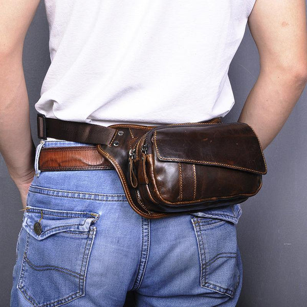 Brown Leather Fanny Pack Men's Black Chest Bag Hip Bag Vintage Waist Bag For Men - iwalletsmen