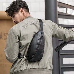 Black Cool Leather Mens Sling Bag Chest Bag Black Sling Pack One Shoulder Backpack for Men - iwalletsmen