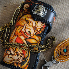 Handmade Mens Tooled God Mahakala Leather Chain Wallet Biker Trucker Wallet with Chain