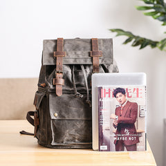 Waxed Canvas Leather Mens Gray Waterproof 15‘’ Large Backpack Travel Backpack College Backpack for Men - iwalletsmen