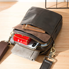 Black Casual Leather Mens Vertical Mini Side Bag Small Messenger Bags Belt Bag for Men - iwalletsmen