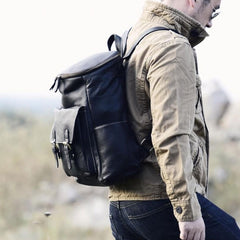 Genuine Leather Mens Cool Backpack Sling Bag Large Black Travel Bag Hiking Bag for men