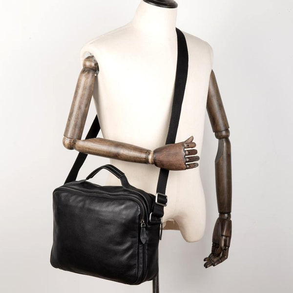 Cool Black Leather 11 inches Mens Small Messenger Bags Courier Bag Shoulder Briefcase for Men - iwalletsmen