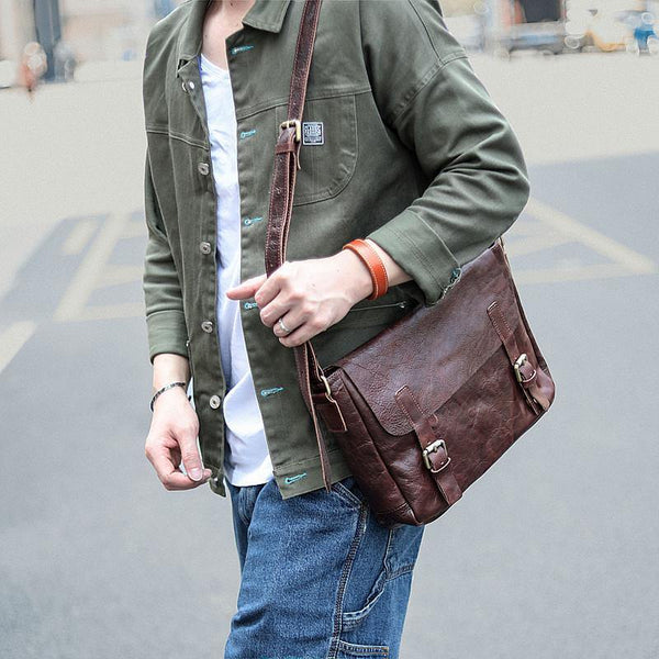 Brown Leather Mens Casual Courier Bags Messenger Bags 10 inches Postman Bag For Men - iwalletsmen
