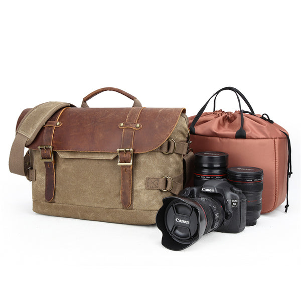 Canvas Leather Mens 14‘’ CANON CAMERA Messenger Bag NIKON CAMERA Side BAG DSLR CAMERA BAG - iwalletsmen