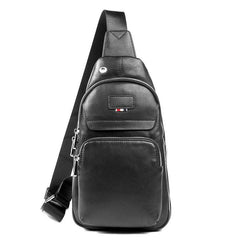 Black Leather Mens Cool Sling Pack Sling Bags Black Crossbody Packs Chest Bag for men - iwalletsmen